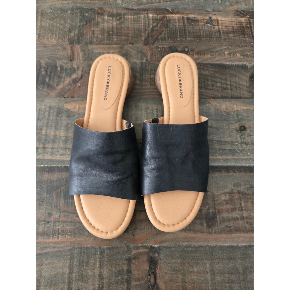 Lucky Brand Womens Black Leather Slide Sandals Block Heel Mules Size 8.5M - Picture 2 of 6